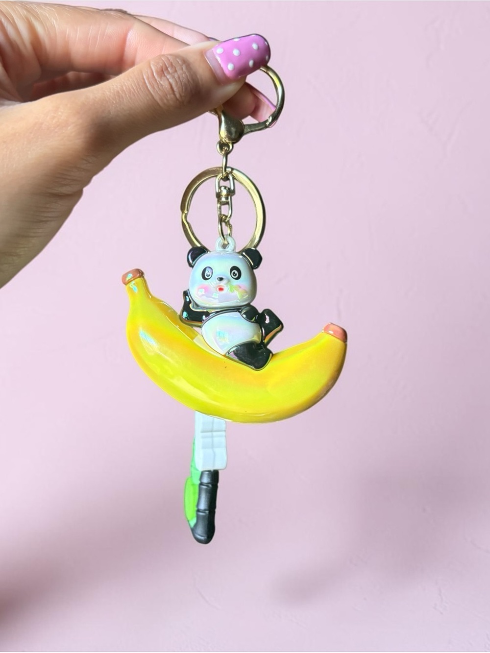 Panda on Yellow Banana Keychain